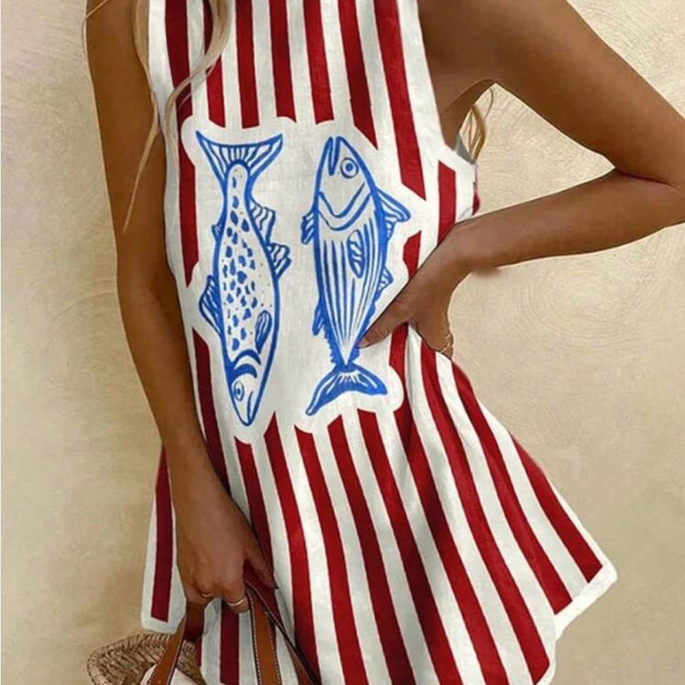 SHEIN Red and White Striped Mini Dress with Blue Fish Print